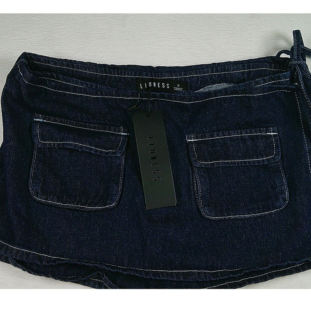Lioness Denim Wrap Skort Dark Indigo Blue Side Tie Cargo Mini Skirt Shorts S